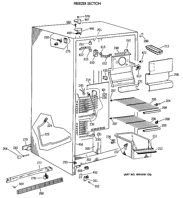 FREEZER SECTION Diagram and Parts List for MSX20BAXAAD  General Electric Refrigerator