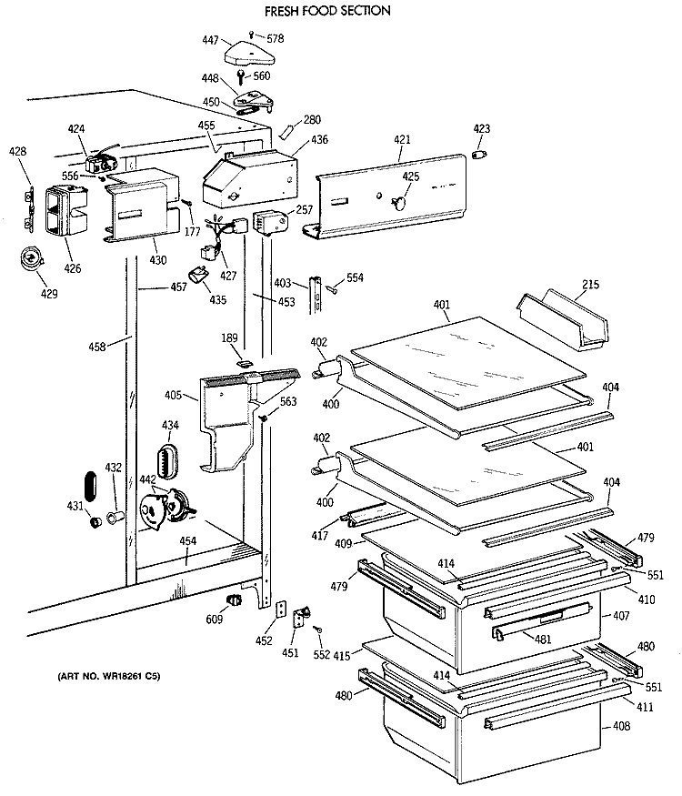 FRESH FOOD SECTION Diagram and Parts List for MSX22GAXAAA  General Electric Refrigerator