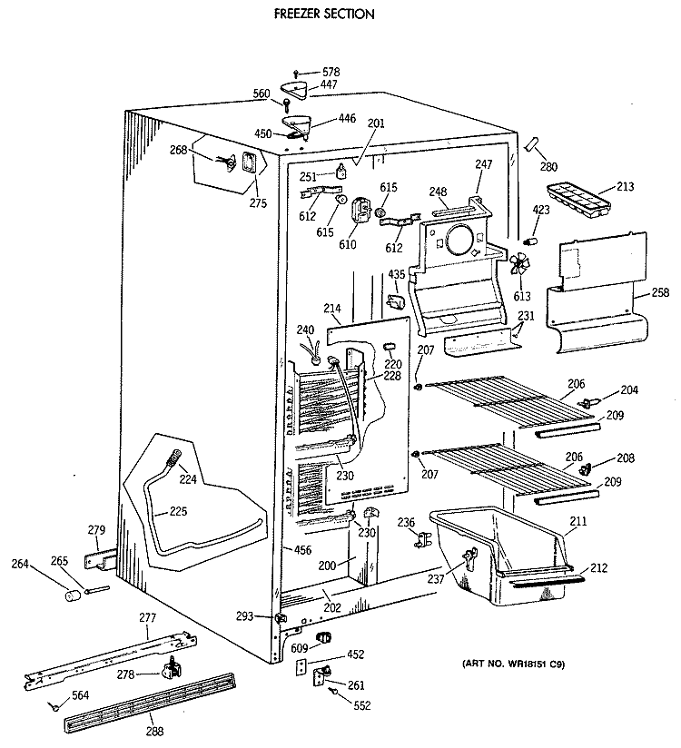 FREEZER SECTION Diagram and Parts List for MSX20GAXAAA  General Electric Refrigerator