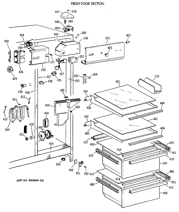 FRESH FOOD SECTION Diagram and Parts List for MSX24KWXAAD  General Electric Refrigerator