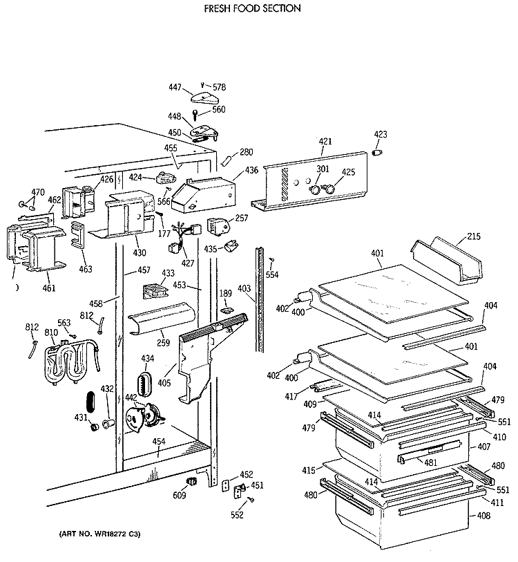 FRESH FOOD SECTION Diagram and Parts List for MSG22GRXAWW  General Electric Refrigerator
