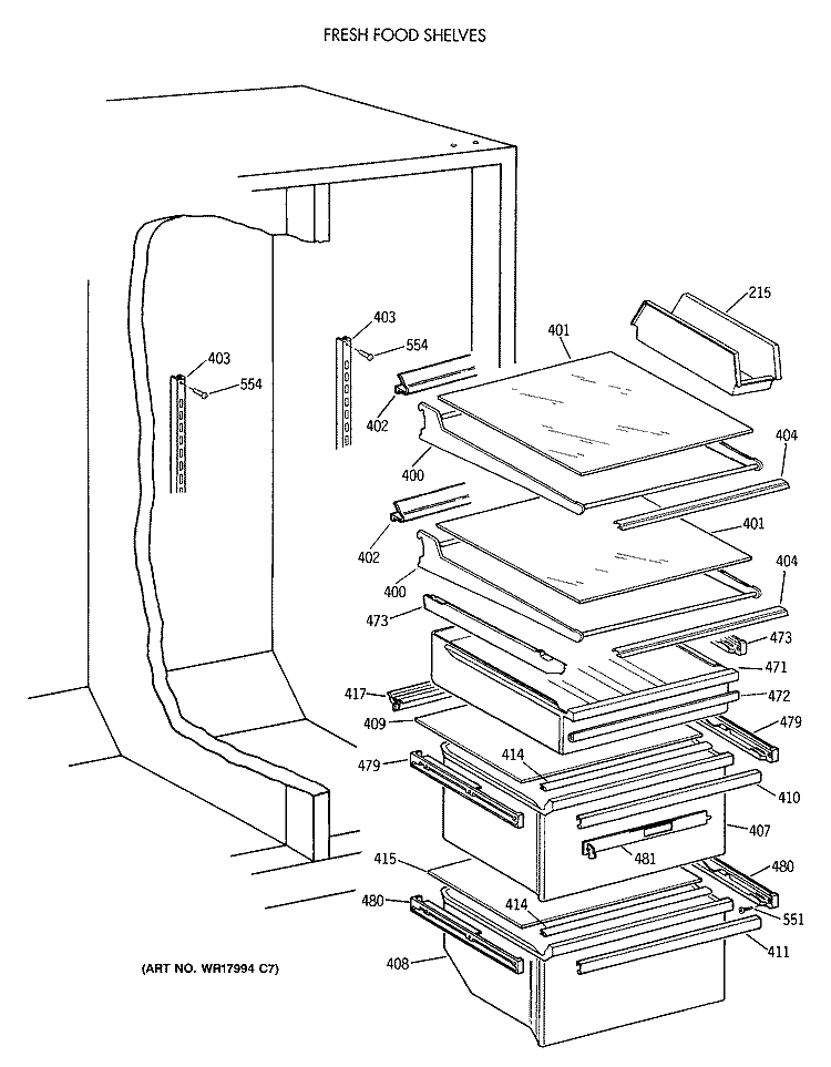 FRESH FOOD SHELVES Diagram and Parts List for MSK27DHXAAD  General Electric Refrigerator