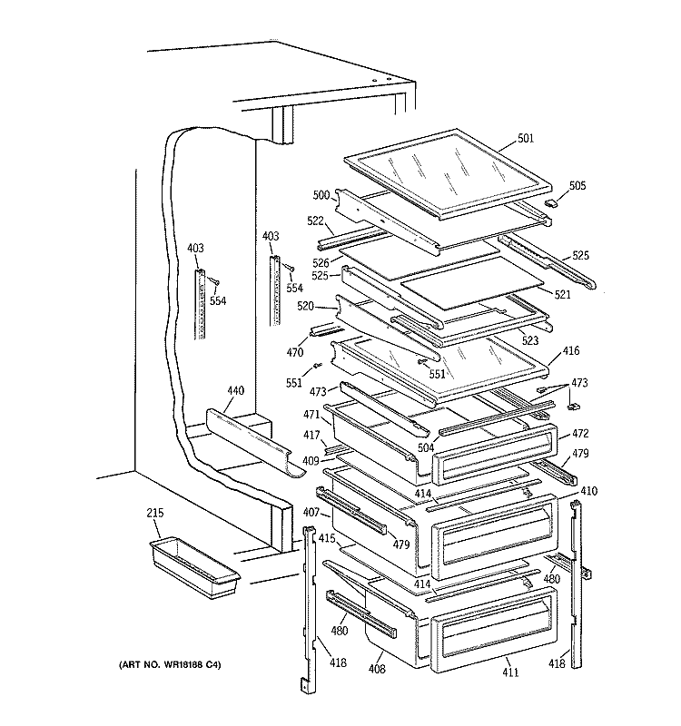 FRESH FOOD SHELVES Diagram and Parts List for TFG24PEXCWH  General Electric Refrigerator