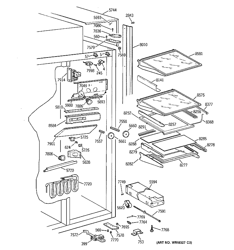 FRESH FOOD SECTION Diagram and Parts List for ZISW48DXA  General Electric Refrigerator