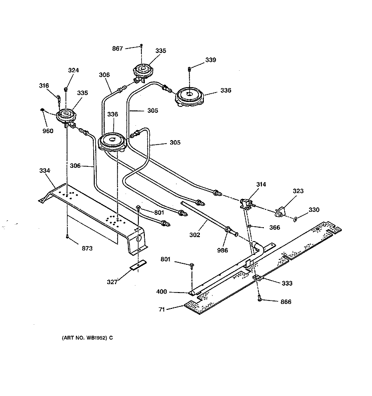 TOP BURNER Diagram and Parts List for JGSP40AET1AA  General Electric Range