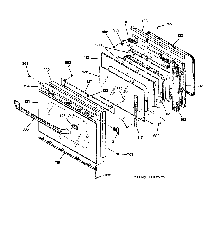 OVEN DOOR Diagram and Parts List for JTP18AT2AA  General Electric Wall Oven