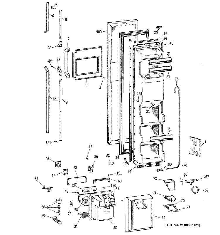 FREEZER DOOR Diagram and Parts List for TFK25PRYAAA  General Electric Refrigerator