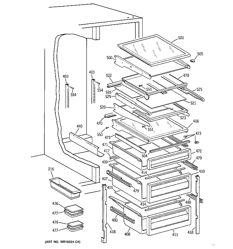 FRESH FOOD SHELVES Diagram and Parts List for TFK27PFXCBB  General Electric Refrigerator