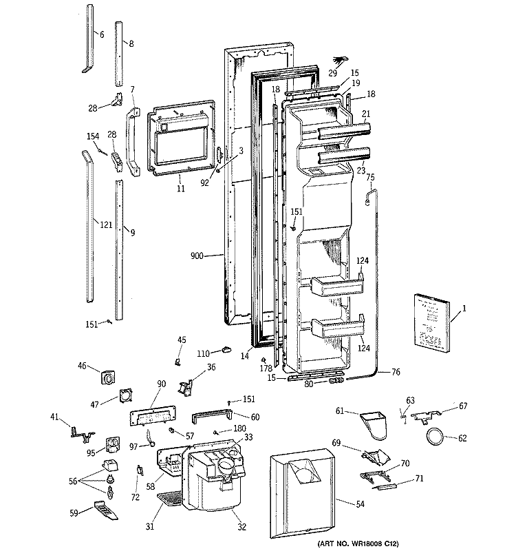 FREEZER DOOR Diagram and Parts List for TFJ27PFXBAA  General Electric Refrigerator