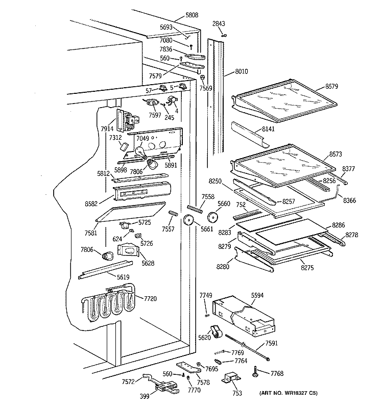 FRESH FOOD SECTION Diagram and Parts List for ZISB36DXA  General Electric Refrigerator