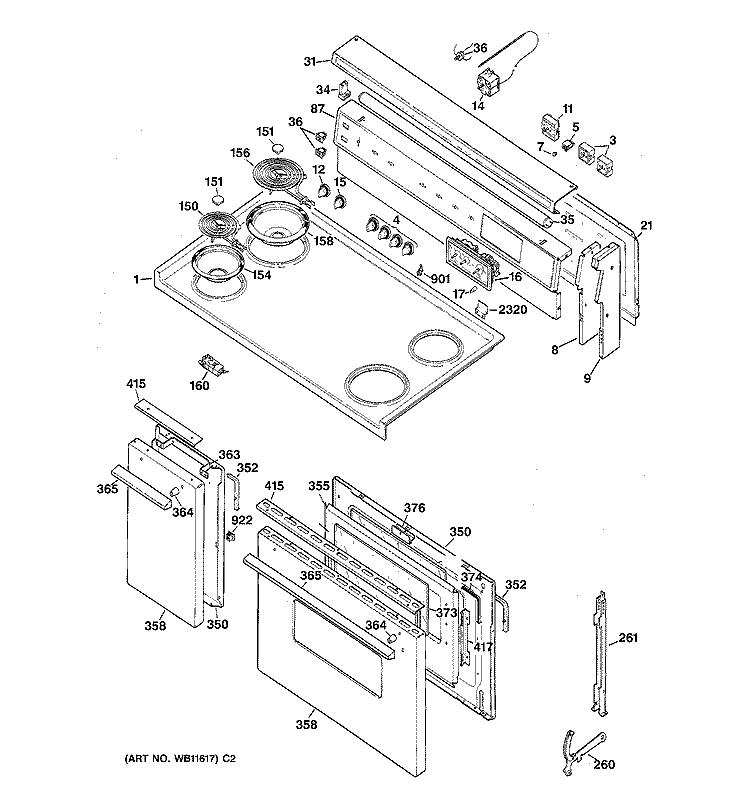 CONTROL PANEL, COOKTOP & DOORS Diagram and Parts List for JCS57V2WH  General Electric Range