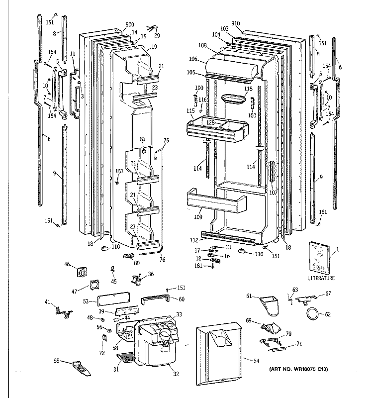 DOORS Diagram and Parts List for TFJ24JWXAAA  General Electric Refrigerator