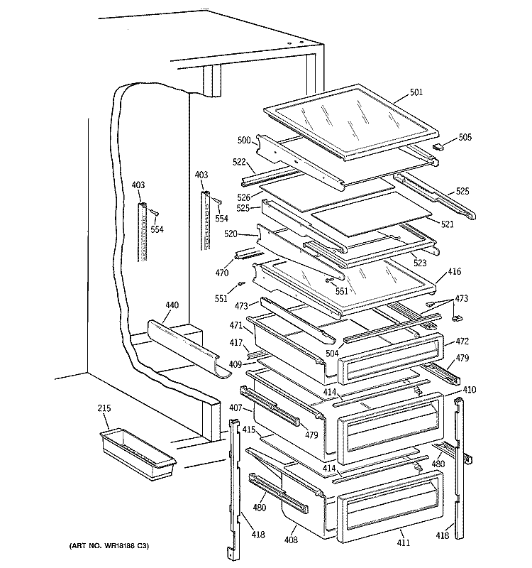 FRESH FOOD SHELVES Diagram and Parts List for TFJ24PRXBAA  General Electric Refrigerator