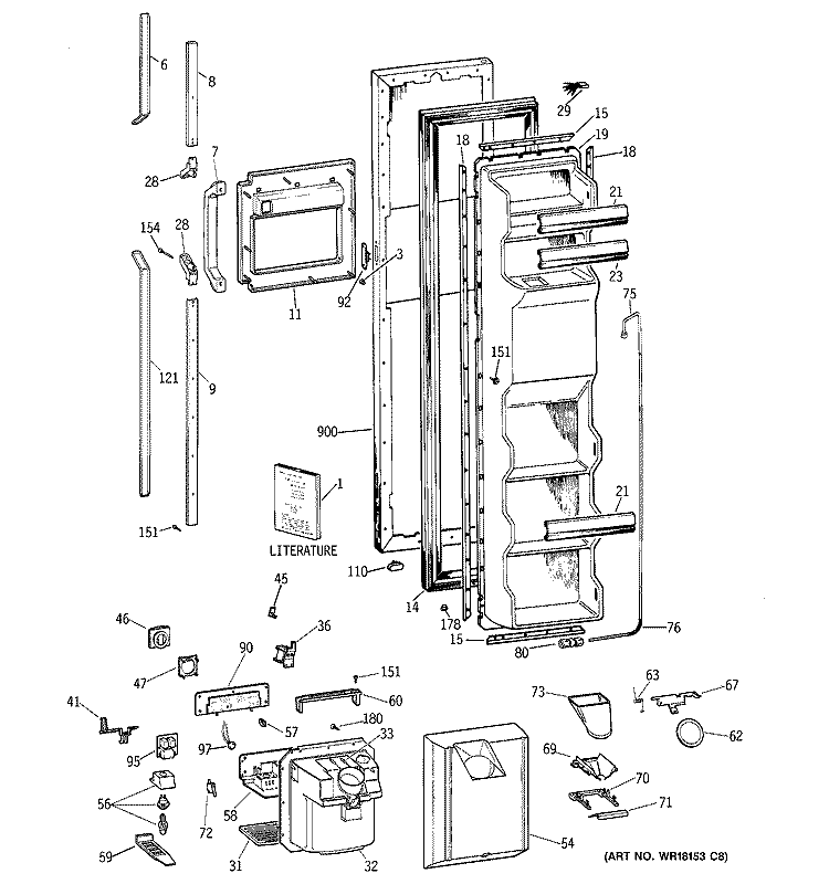 FREEZER DOOR Diagram and Parts List for TFG25PEYAWH  General Electric Refrigerator