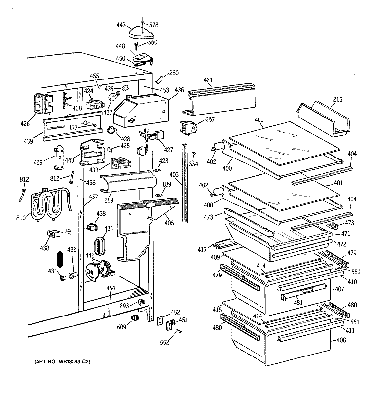 FRESH FOOD SECTION Diagram and Parts List for TFT25JWYAWW  General Electric Refrigerator