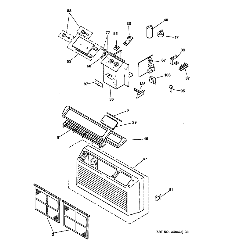 CONTROLS & GRILL ASSEMBLY Diagram and Parts List for AZ31H12E5DV1  General Electric Air Conditioner