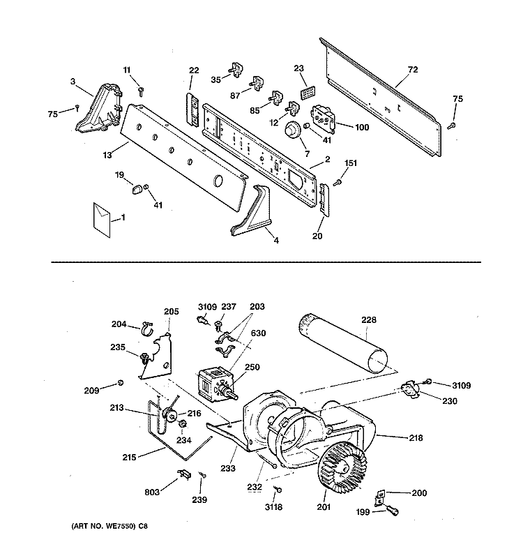 BACKSPLASH, BLOWER & DRIVE ASSEMBLY Diagram and Parts List for DDSR475ET3AA  General Electric Dryer