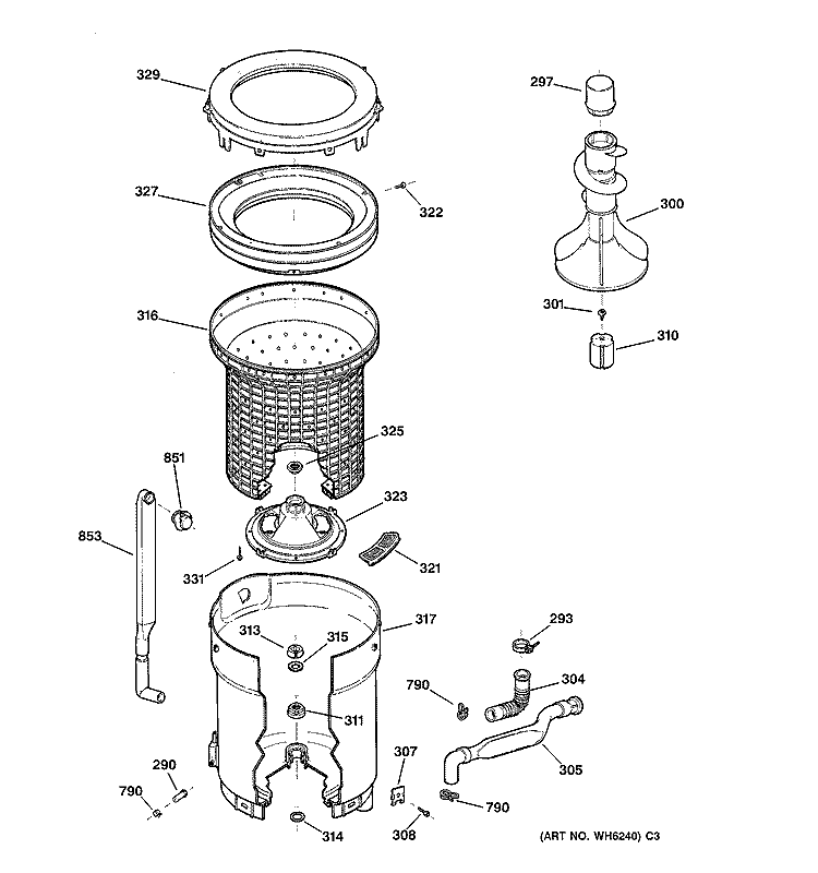 TUB, BASKET & AGITATOR Diagram and Parts List for WISR106DT5WW  General Electric Washer