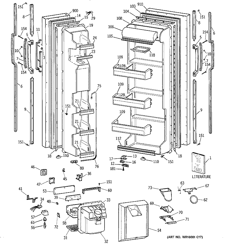 DOORS Diagram and Parts List for TFX20JRXDAA  General Electric Refrigerator