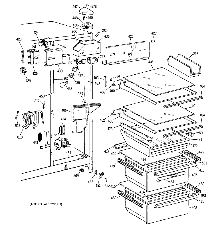 FRESH FOOD SECTION Diagram and Parts List for TFX22CRXDBB  General Electric Refrigerator