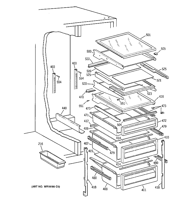 FRESH FOOD SHELVES Diagram and Parts List for TFX22PRXDAA  General Electric Refrigerator