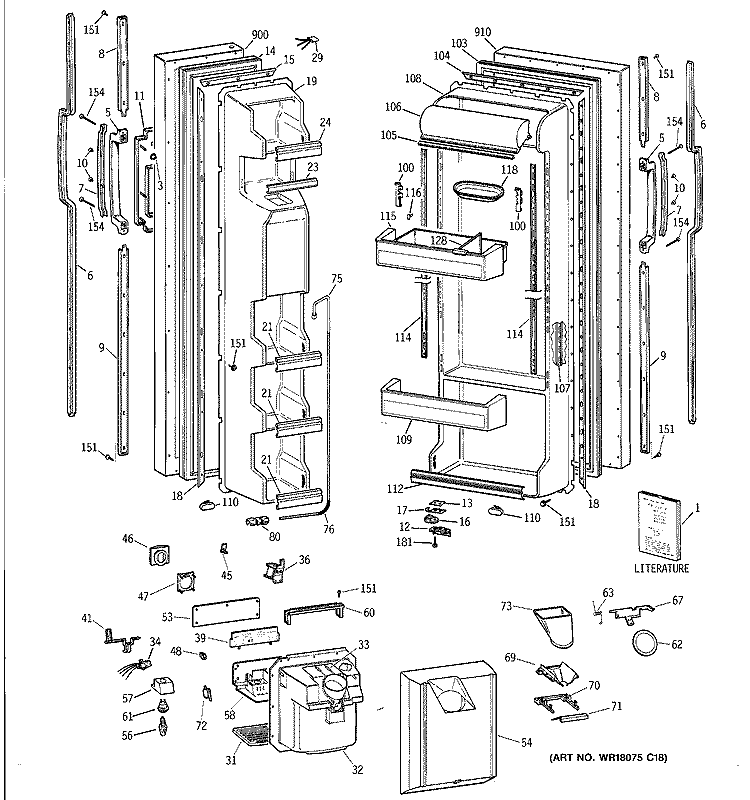 DOORS Diagram and Parts List for TFX22ZRXDAA  General Electric Refrigerator
