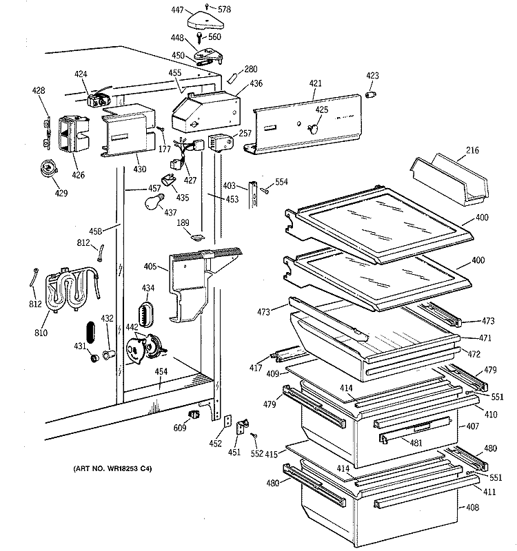 FRESH FOOD SECTION Diagram and Parts List for TFX22ZRXDAA  General Electric Refrigerator