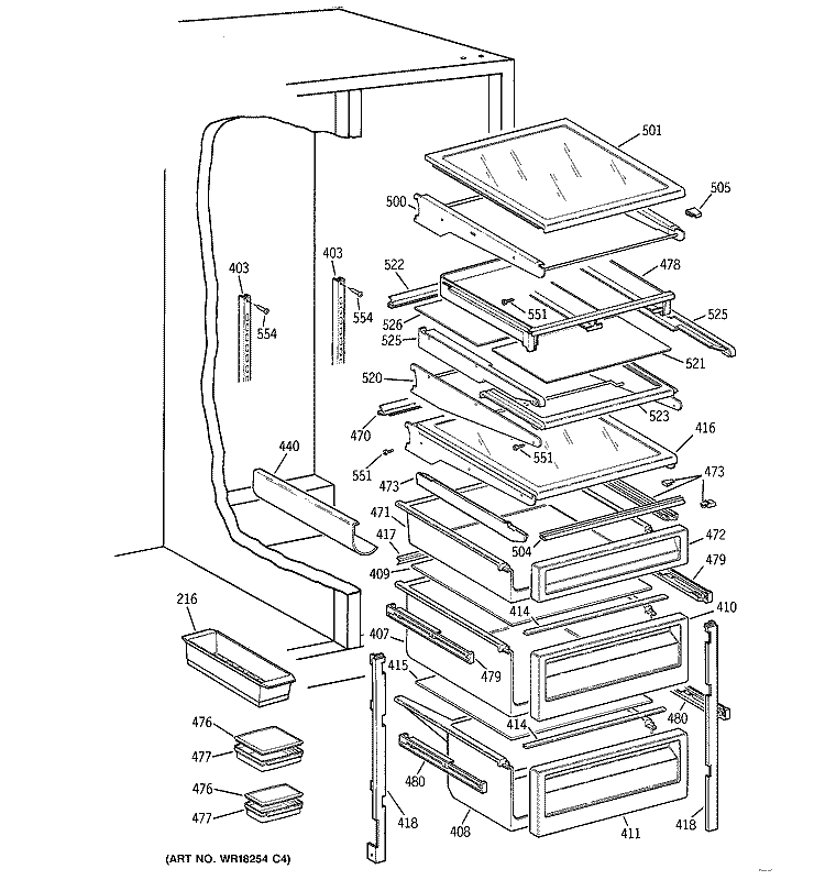 FRESH FOOD SHELVES Diagram and Parts List for TFX27PFXDBB  General Electric Refrigerator
