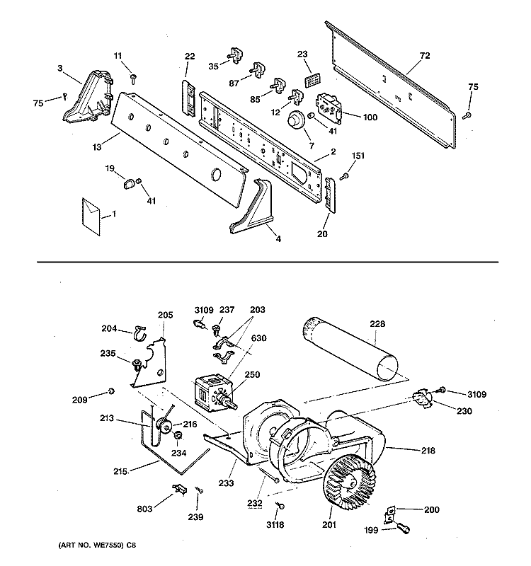 BACKSPLASH, BLOWER & DRIVE ASSEMBLY Diagram and Parts List for DDSR475GT3AA  General Electric Dryer