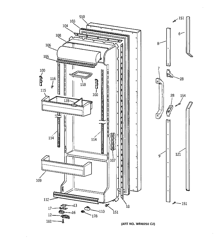 FRESH FOOD DOOR Diagram and Parts List for TFX25CRYDBB  General Electric Refrigerator