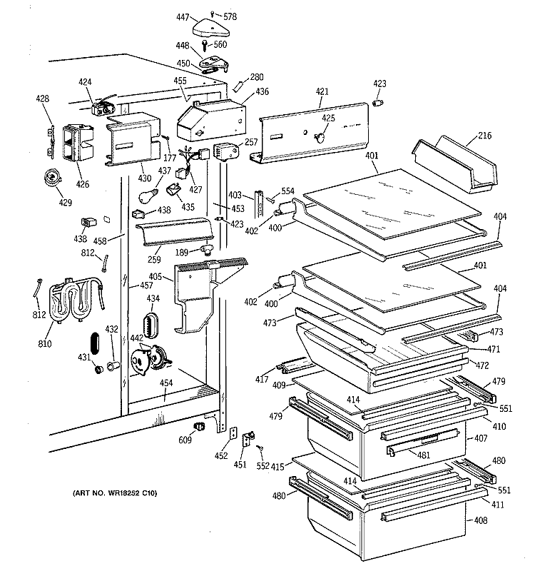 FRESH FOOD SECTION Diagram and Parts List for TFX25CRYDBB  General Electric Refrigerator