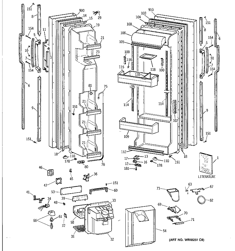 DOORS Diagram and Parts List for TFX25JRYDWW  General Electric Refrigerator