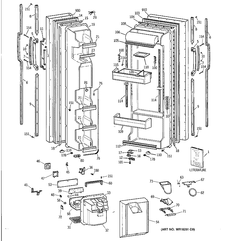 DOORS Diagram and Parts List for TFX25JWYDAA  General Electric Refrigerator