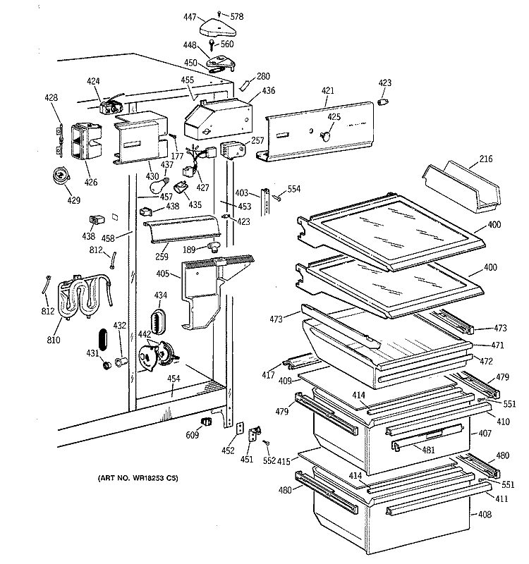 FRESH FOOD SECTION Diagram and Parts List for TFX25ZRYDAA  General Electric Refrigerator