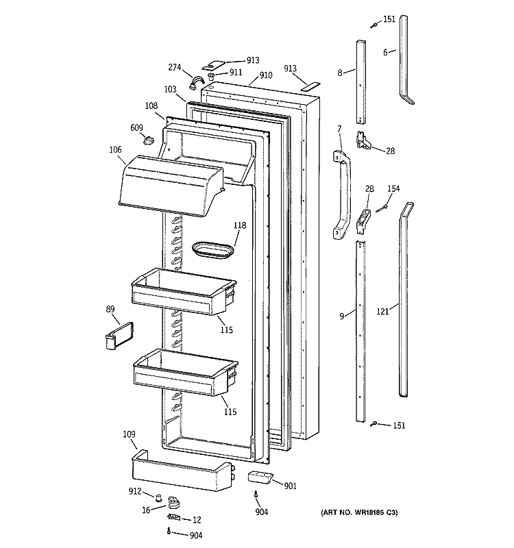 FRESH FOOD DOOR Diagram and Parts List for TFX30PRYDBB  General Electric Refrigerator