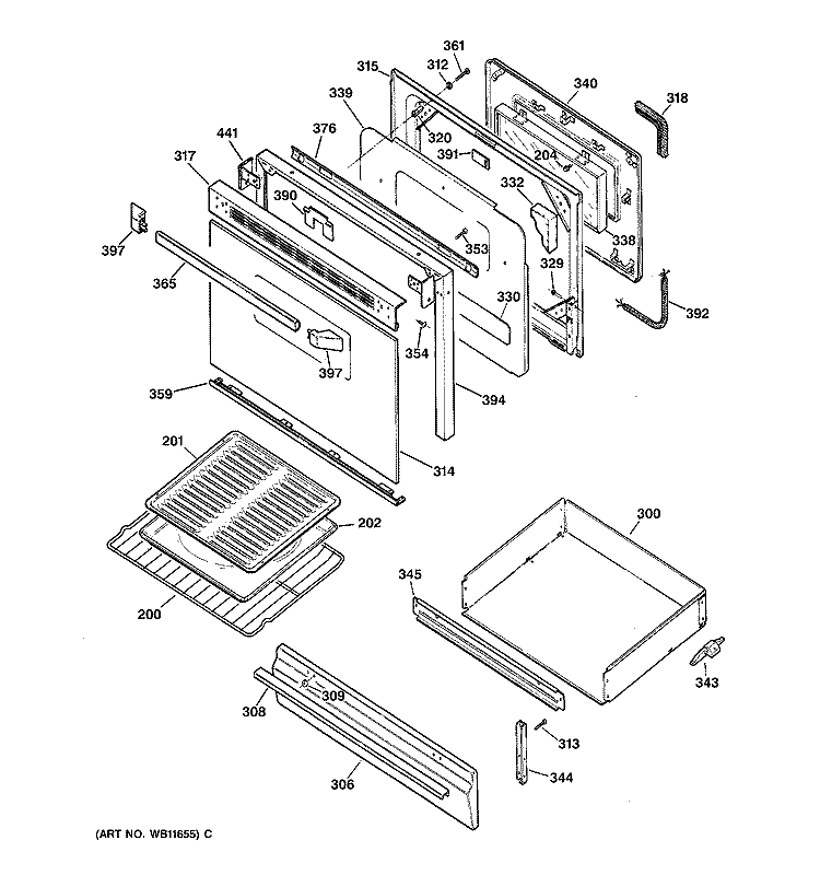 DOOR & DRAWER PARTS Diagram and Parts List for JGBP26BEW1AD  General Electric Range
