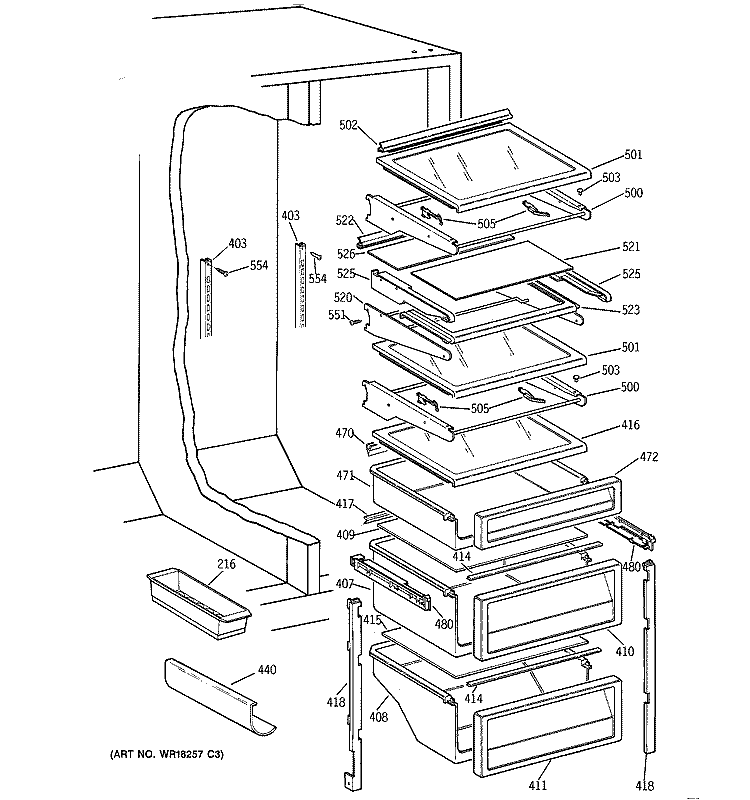 FRESH FOOD SHELVES Diagram and Parts List for TPG21BRXDBB  General Electric Refrigerator