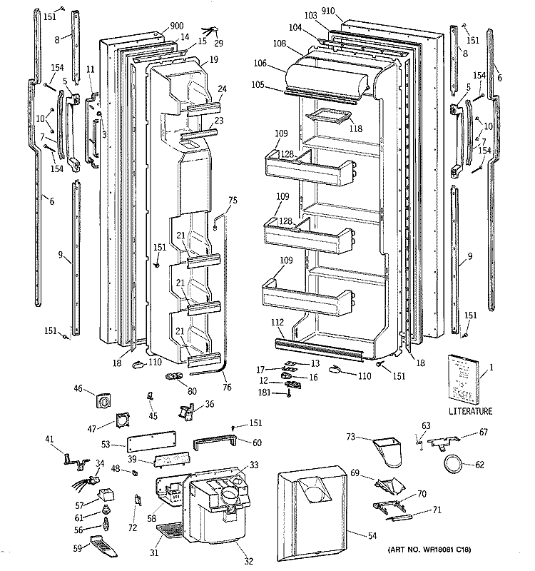 DOORS Diagram and Parts List for TFG20JRXDWW  General Electric Refrigerator