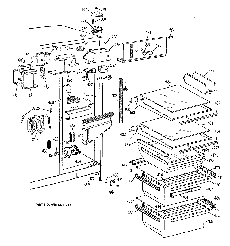 FRESH FOOD SECTION Diagram and Parts List for TFG22JRXDWW  General Electric Refrigerator