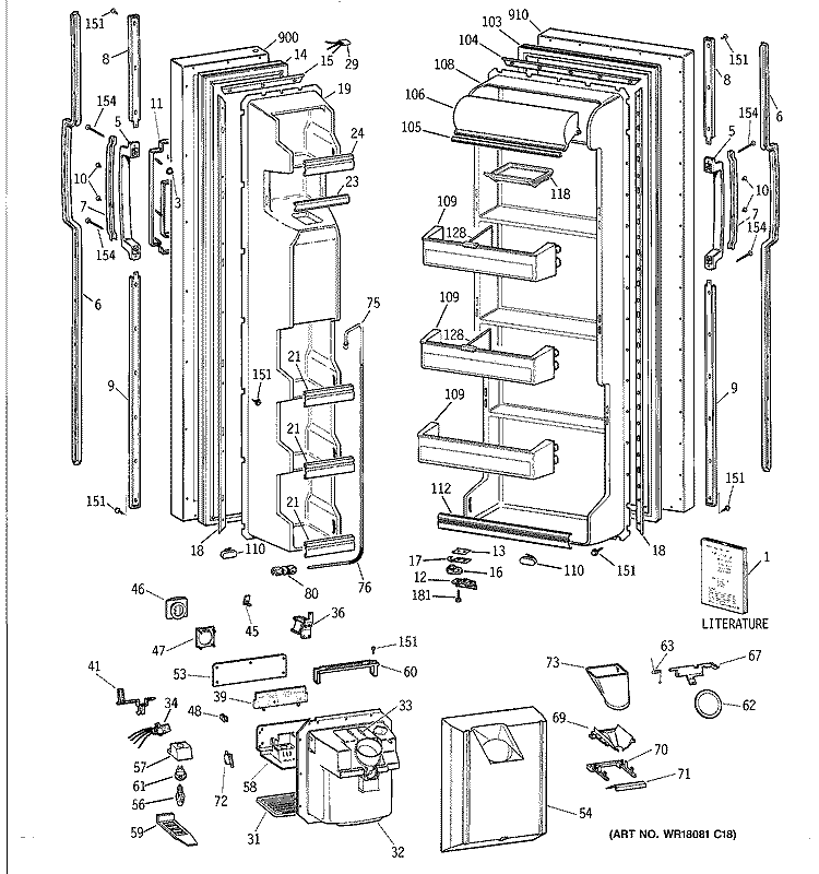 DOORS Diagram and Parts List for TFZ20JRYDWW  General Electric Refrigerator