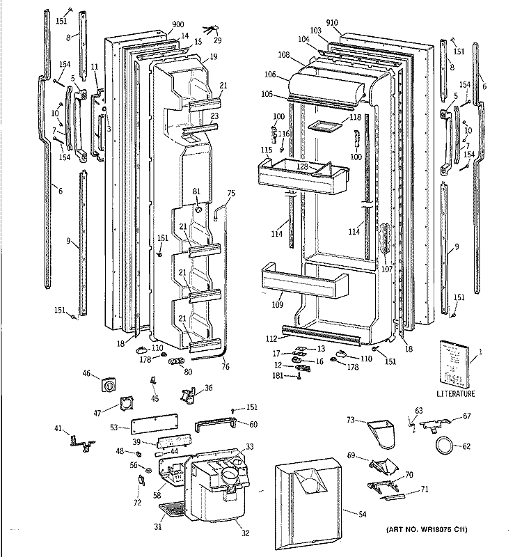 DOORS Diagram and Parts List for TFT25JWYDWW  General Electric Refrigerator