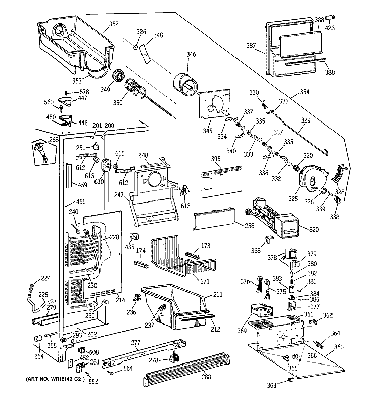 FREEZER SECTION Diagram and Parts List for TFT25PRYDAA  General Electric Refrigerator