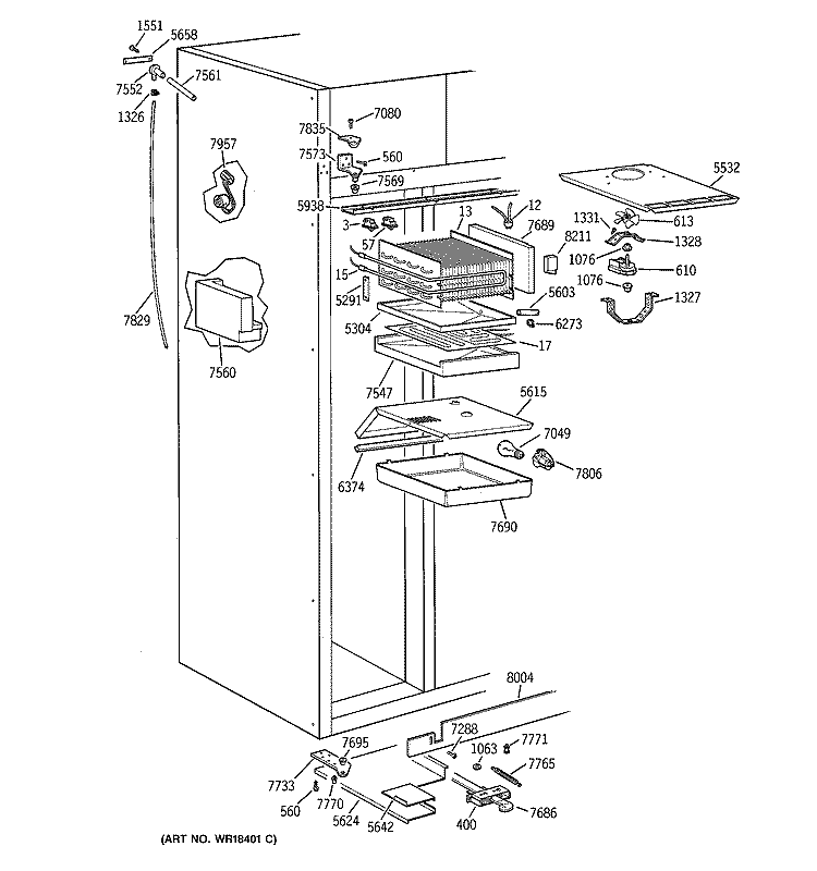 FREEZER SECTION Diagram and Parts List for ZIS42NWA  General Electric Refrigerator