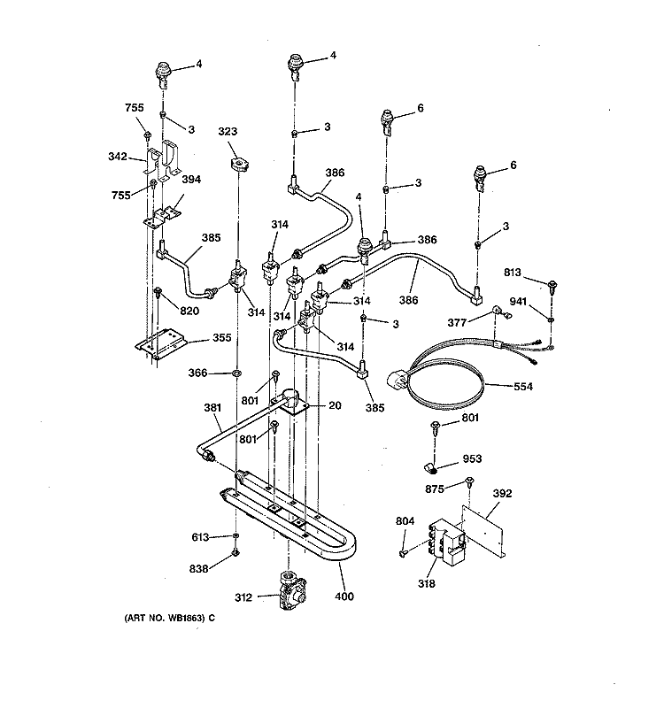 BURNER PARTS Diagram and Parts List for JGP636WEV4WW  General Electric Cooktop