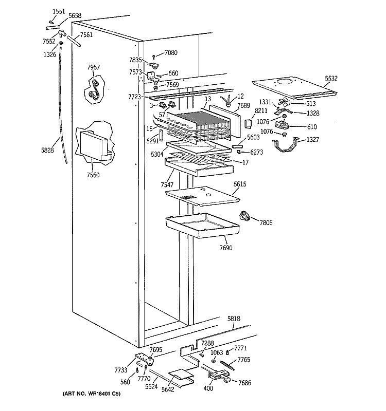 FREEZER SECTION Diagram and Parts List for ZIS36NXA  General Electric Refrigerator