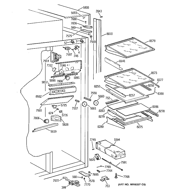 FRESH FOOD SECTION Diagram and Parts List for ZIS36NXA  General Electric Refrigerator