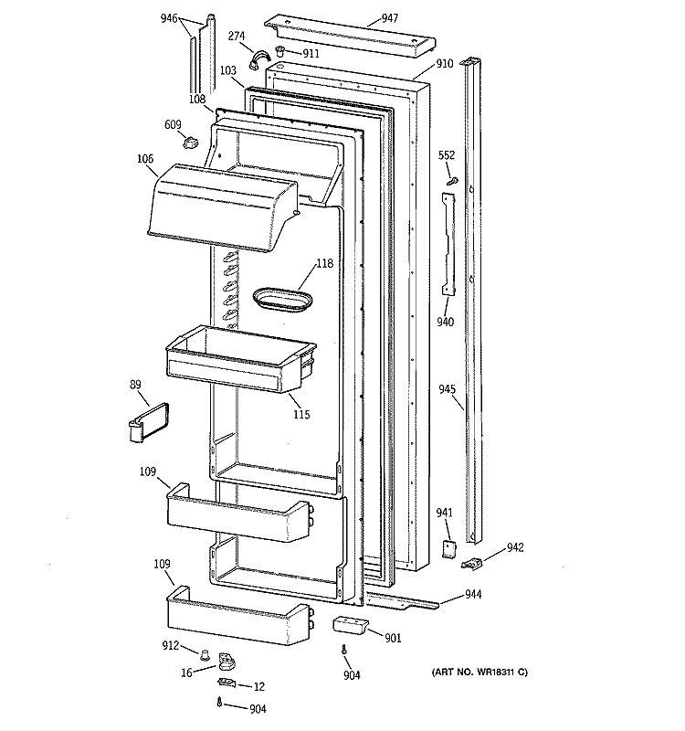 FRESH FOOD DOOR Diagram and Parts List for TPX24BRYEBB  General Electric Refrigerator