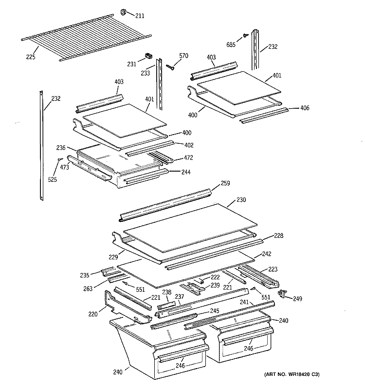 SHELF PARTS Diagram and Parts List for TBX21NIXJRWW  General Electric Refrigerator
