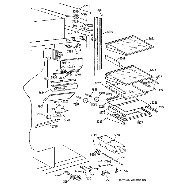 FRESH FOOD SECTION Diagram and Parts List for ZIS48NXA  General Electric Refrigerator