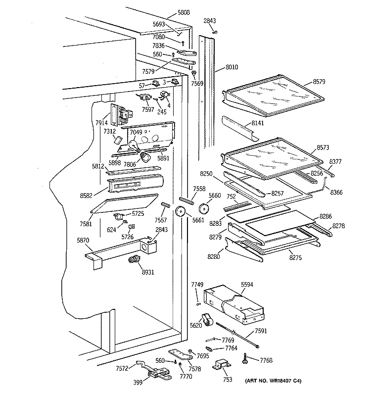 FRESH FOOD SECTION Diagram and Parts List for ZIS36NYB  General Electric Refrigerator